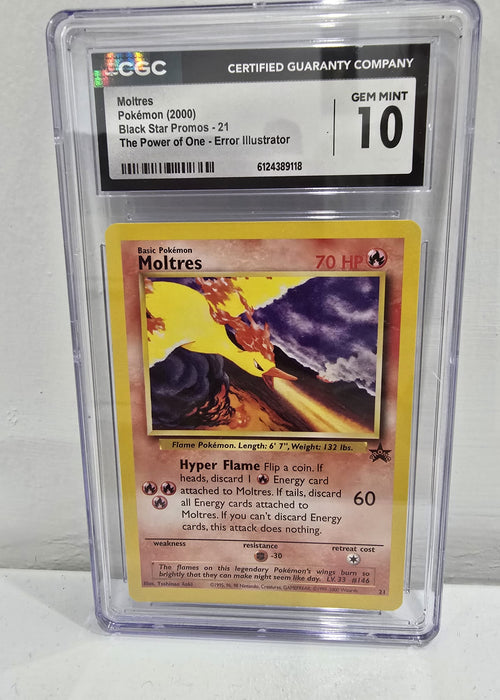 Moltres Error Illustrator Black Star Promo 21 — CGC 10 Gem Mint | Rare Pokémon TCG Error Card - SEIM COLLECTS