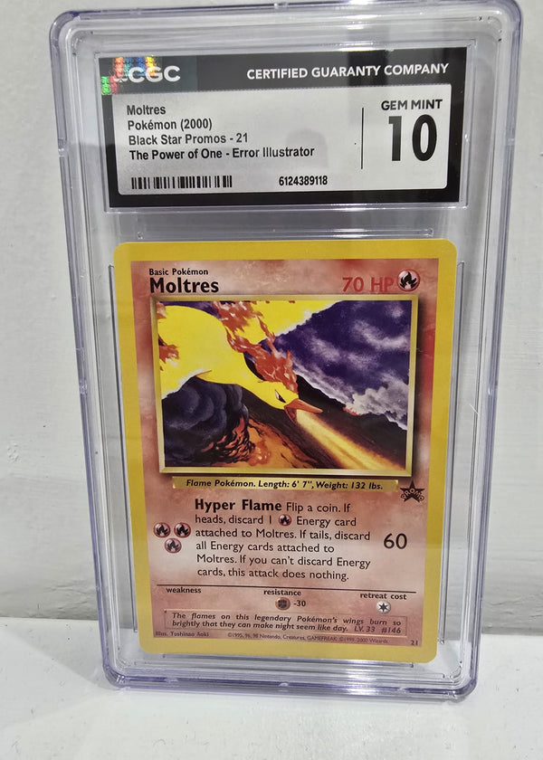 Moltres Error Illustrator Black Star Promo 21 — CGC 10 Gem Mint | Rare Pokémon TCG Error Card - SEIM COLLECTS