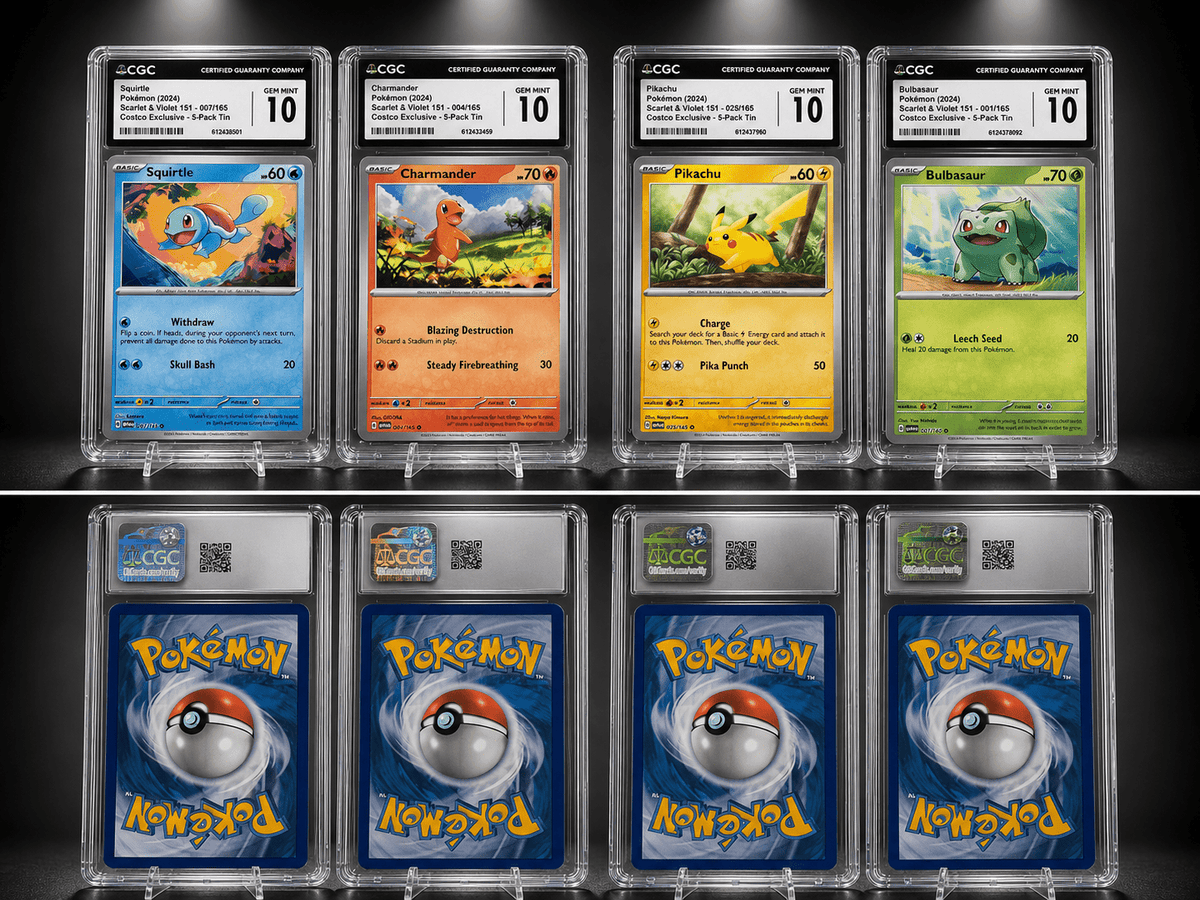 Pikachu Charmander Squirtle Bulbasaur Starter Set — Pokémon 151 Cosmos Reverse Holo — CGC 10 Gem Mint - SEIM COLLECTS