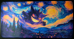 Gengar Starry Night Village Playmat — Custom Stitched-Edge Play Mat (23.6" × 11.8")