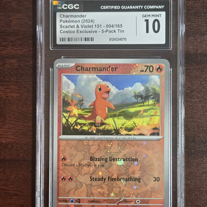 Charmander #004/165 Cosmos Holo — Pokémon 151 Costco 5-Pack Tin (2024) — CGC 10 Gem Mint