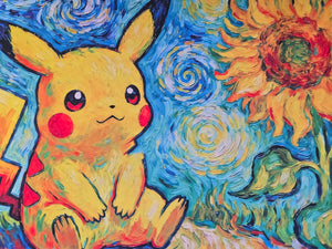 Pikachu Starry Night Sunflowers Playmat — Custom Stitched-Edge Play Mat (23.6" × 11.8")
