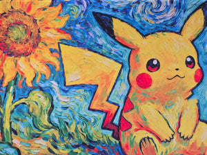 Pikachu Starry Night Sunflowers Playmat — Custom Stitched-Edge Play Mat (23.6" × 11.8")