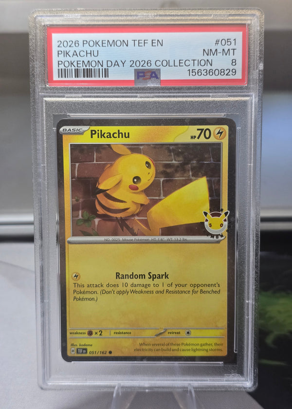 Pikachu #051/162 — Temporal Forces, Pokémon Day 2026 Stamp (2026) — PSA 8 NM-MT