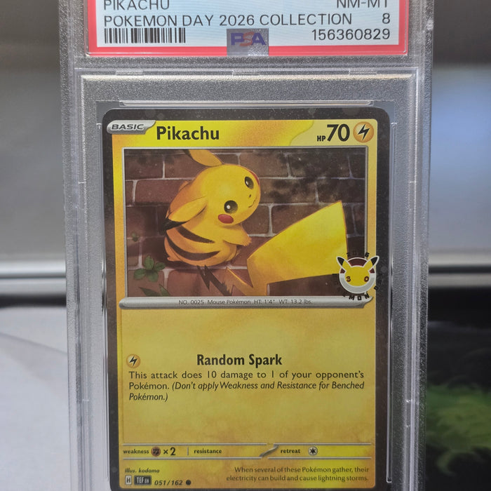 Pikachu #051/162 — Temporal Forces, Pokémon Day 2026 Stamp (2026) — PSA 8 NM-MT