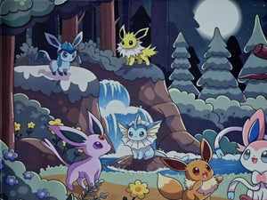 Eeveelution Moonlit Forest Playmat — Custom Stitched-Edge Play Mat (23.6" × 11.8")