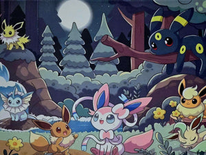 Eeveelution Moonlit Forest Playmat — Custom Stitched-Edge Play Mat (23.6" × 11.8")