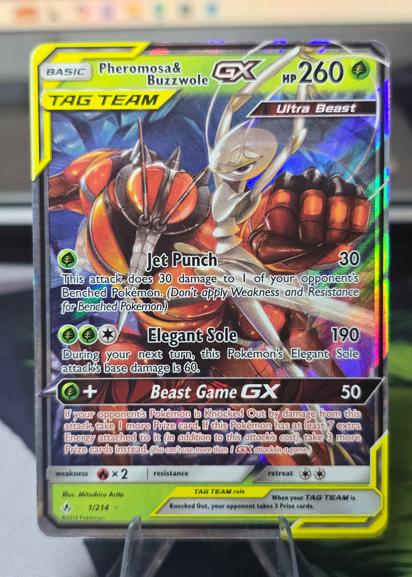 Pokémon TCG: Pheromosa & Buzzwole GX #1/214 — Unbroken Bonds SM10 (2019) — Raw, Near Mint