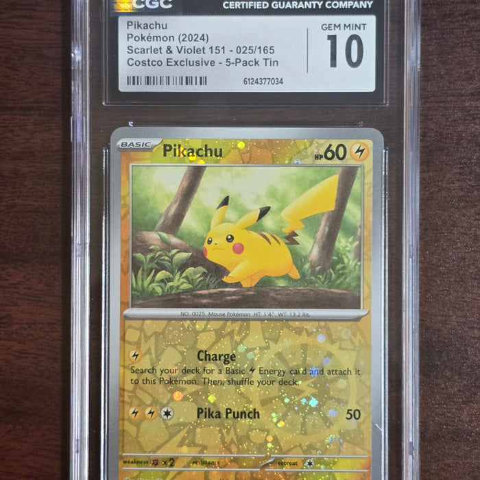 Pikachu #025/165 Cosmos Holo — Pokémon 151 Costco 5-Pack Tin (2024) — CGC 10 Gem Mint